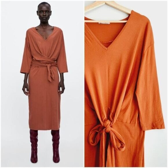 ZARA | 100% Cotton Minimalist Modern V-Neck Midi Dress Orange Sz S - Picture 1 of 16